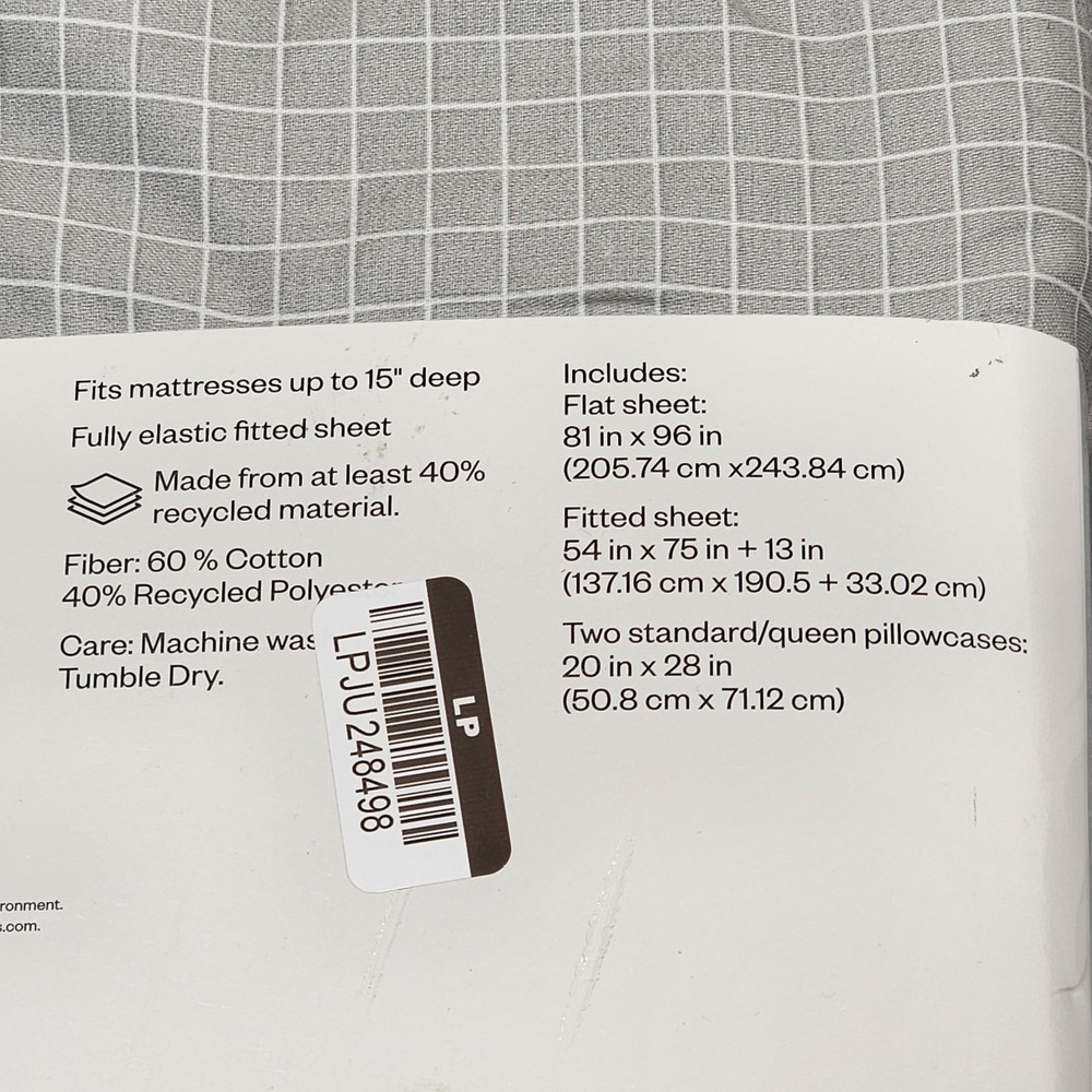 Room Essentials Full‎ Sheet Set Gray White Windowpane Grid Cotton Blend Sateen - Picture 4 of 5